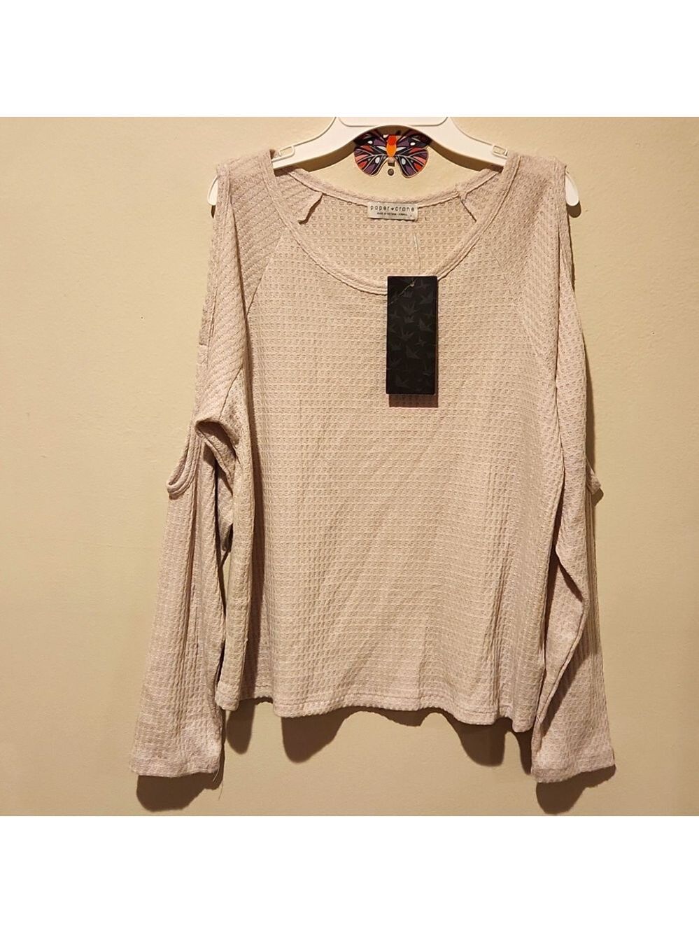 ❤️ NWT! PAPER CRANE WAFFLE KNIT ECRU COLD SHOULDER TOP, XS